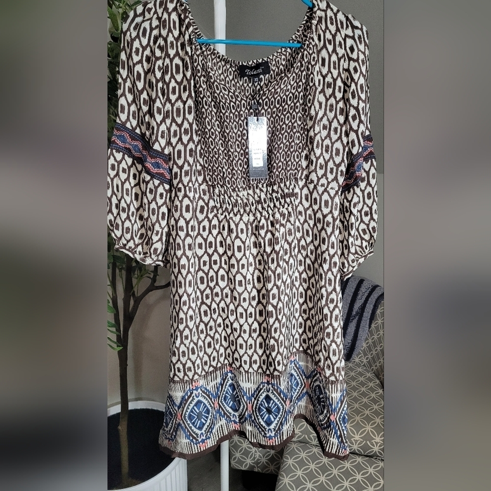 Tolani Brown Cream Peasant 3/4 Sleeve 100% Silk Dress